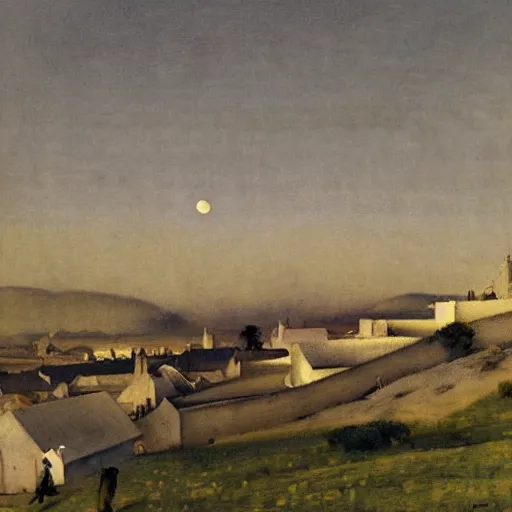 Image similar to dark solar eclipse, above a village, highly detailed, studio 4 k quality, by ramon casas