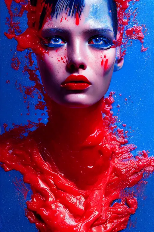 Prompt: 3 d, close - up, boiling liquid gold and red water, mad fashion model, plastic, vogue style, poster art, high detail, intricate oil painting, multiple exposure, deep blue mood, hyperrealism, 3 d, by tooth wu and wlop and beeple and greg rutkowski
