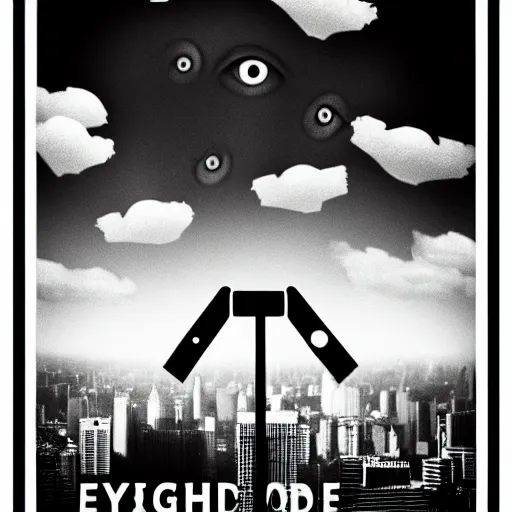 Image similar to three realistic eyes and hands floating in the sky over a city, high contrast, low key, black and white, vintage poster, film grain