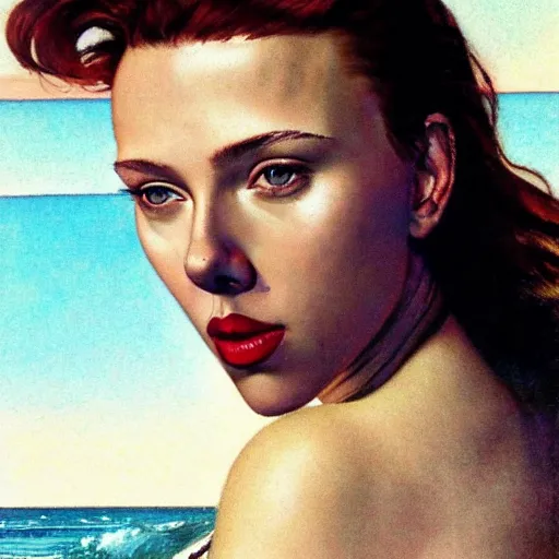 Prompt: Portrait still photograph of Scarlett Johansson wearing a swimsuit at the beach by Norman Rockwell, detailed, textured, golden hour, beach setting, medium shot, mid-shot, trending on Artstation