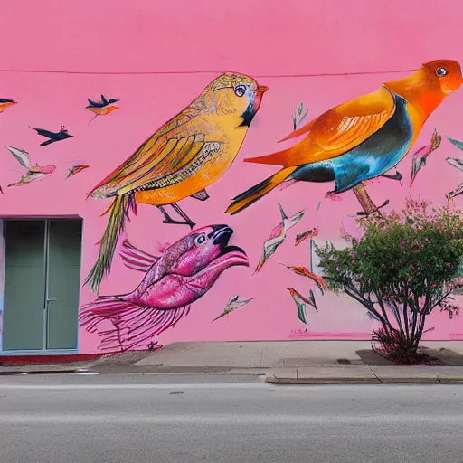 Prompt: a huge mural in pink and orange, showing a miriad of mixing birds and fish, urban Street art