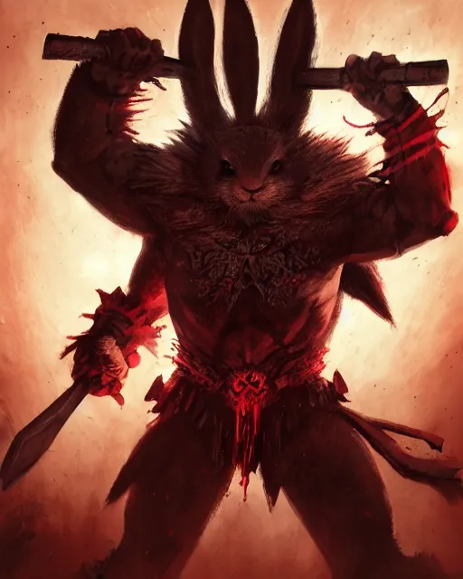 Image similar to Rabbit Berserker, rage, maniac, war paint, red, Khorne, magic the gathering artwork, D&D, fantasy, cinematic lighting, centered, symmetrical, highly detailed, digital painting, artstation, concept art, smooth, sharp focus, illustration, volumetric lighting, epic Composition, 8k, art by Akihiko Yoshida and Greg Rutkowski and Craig Mullins, oil painting, cgsociety