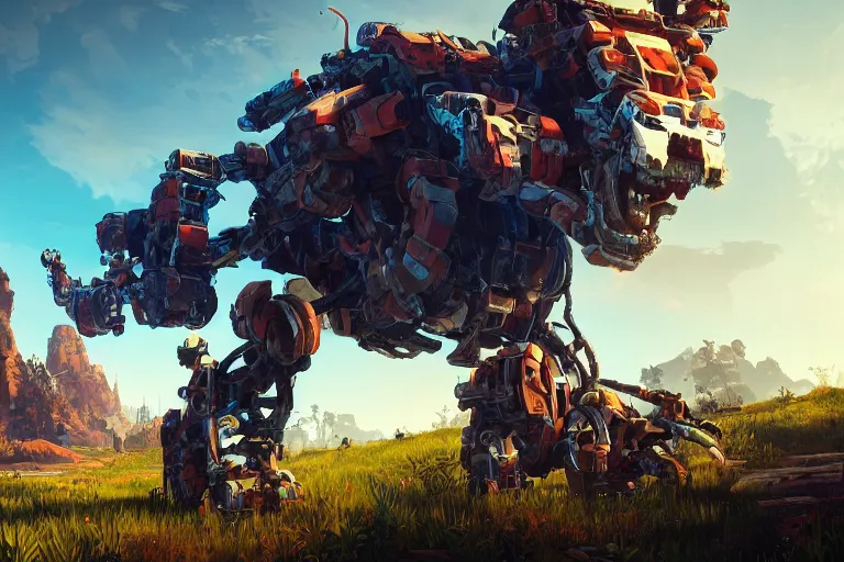 Image similar to scrapper machine mecanical creature robot of horizon forbidden west horizon zero dawn radiating a glowing aura global illumination ray tracing hdr fanart arstation by ian pesty and alena aenami artworks in 4 k