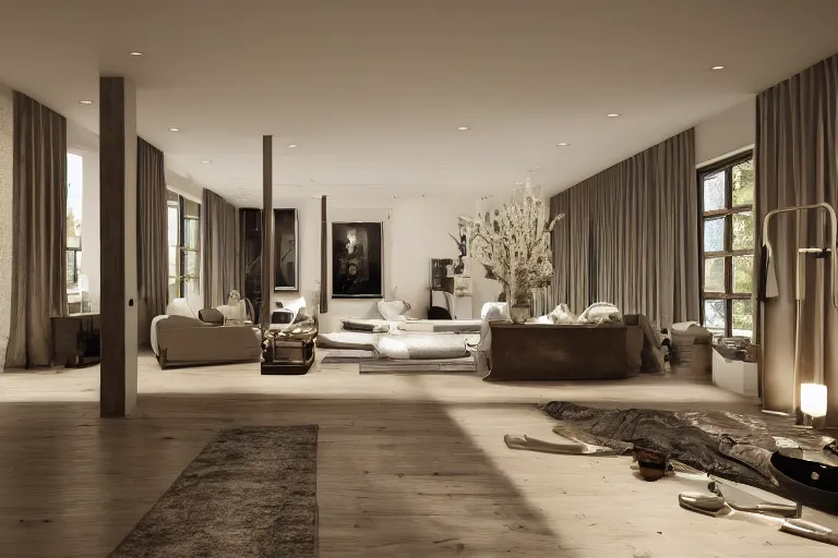 Image similar to interior of scandanavian luxury home, highly detailed, unreal engine 5, raytraced, d render