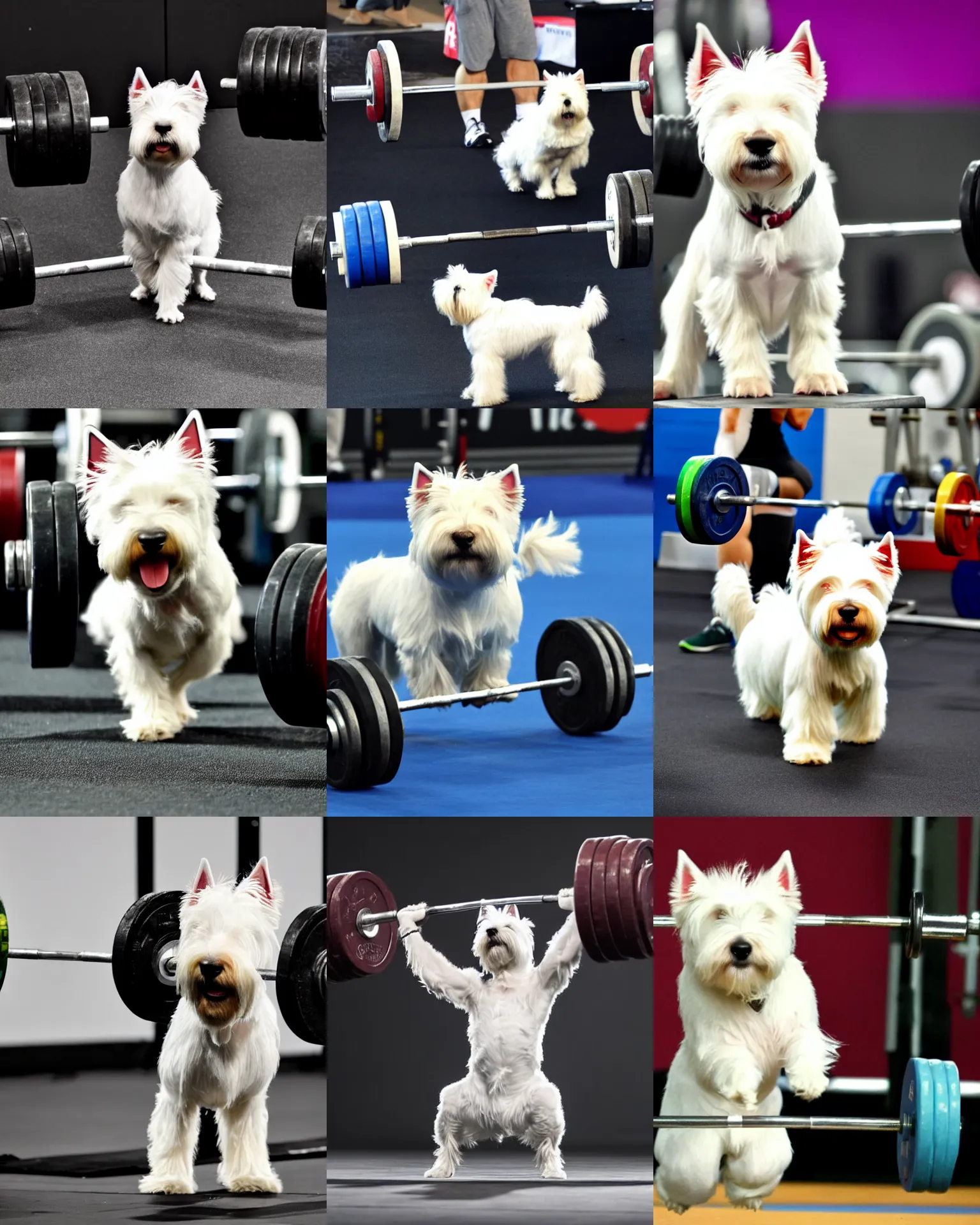 Prompt: a photo of an anthropomorphic anthropomorphic west highland white terrier weight lifting weightlifting barbell up in olympic