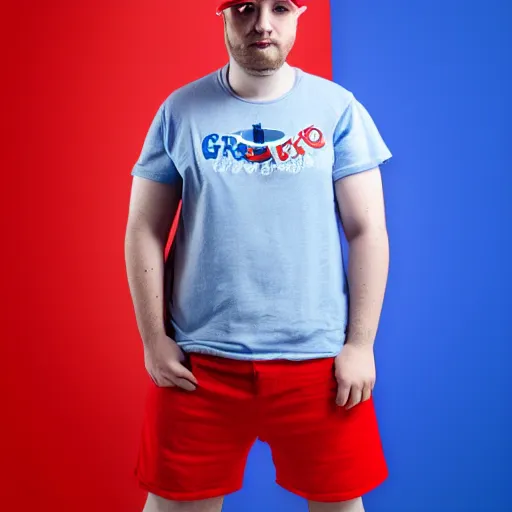 Image similar to a full body shot of an average white, short young - adult man with no beard and blue colored hair, wearing a red backwards cap, white t - shirt with a red no symbol on it, blue long pants and red shoes, holding a microphone, studio lighting, photoshoot, grey background