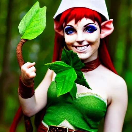 Image similar to elf druid, feminine, smiling, freckles, green eyes, red hair, tall