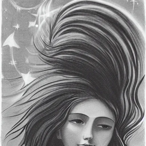 Image similar to A beautiful illustration of a young girl with long flowing hair, looking up at the stars. She appears to be dreaming or lost in thought. Sonic the Hedgehog by Dora Maar ✨