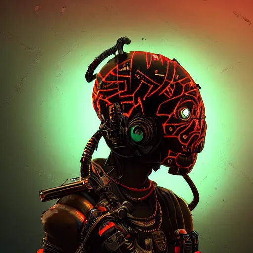 Image similar to a dark and ominous cyborg african child soldier with glowing eyes and tribal facial scarification, neon graffiti, Apex Legends character digital illustration portrait design, by android jones and greg rutkowski in a cyberpunk voodoo style, retrowave color scheme, detailed, cinematic lighting, wide angle action dynamic portrait