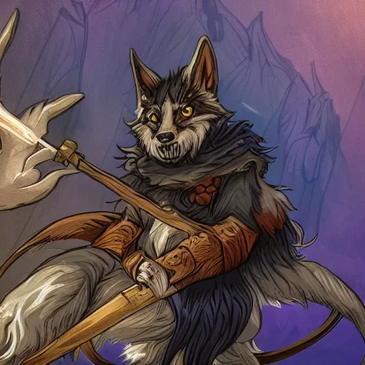 Image similar to wizard is holding a staff as a wolf, dynamic pose, chromatic aberration, medium level shot, fantasy, illustration, concept art,