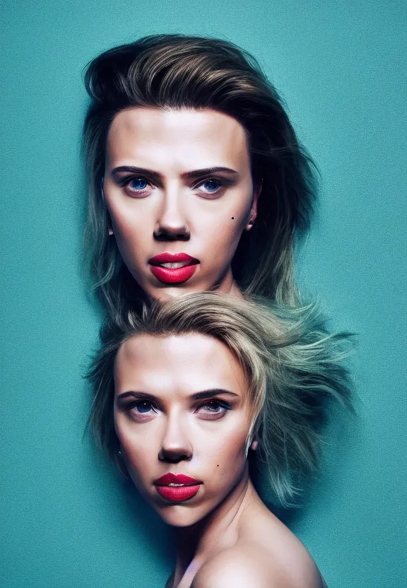 Image similar to portrait photo photo of Scarlett Johansson:: symmetric face, symmetric eyes, slight smile, photo by Annie Leibovitz, 85mm, teal studio backdrop, Getty images