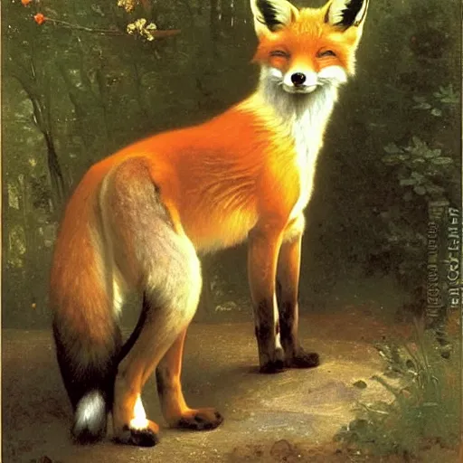 Image similar to An animal portrait of a fox in a flowing dress by Robert Cleminson and William-Adolph Bouguereau, forest and rivers in the background by Albert Bierstadt