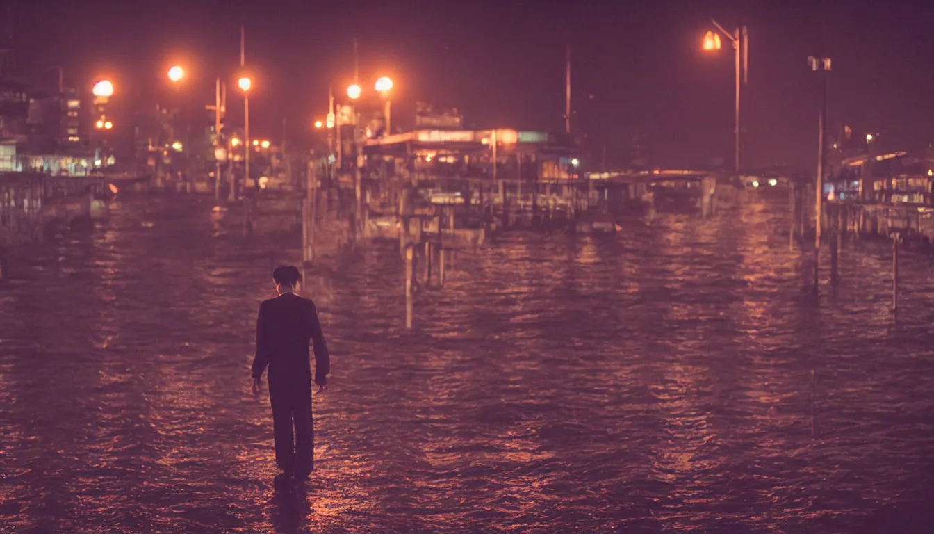 Image similar to 80s asian neon movie still with a lone man levitating over a pier by the river at night with city lights behind his back. Fallen angels movie still. hyperrealistic, photorealistic, high definition, medium format photography, highly detailed, tehnicolor, anamorphic 50mm lens