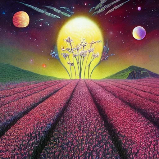 Prompt: a beautiful painting of a large spaceship shrouded by mystic nebula magic in a field of flowers by moebius and android jones