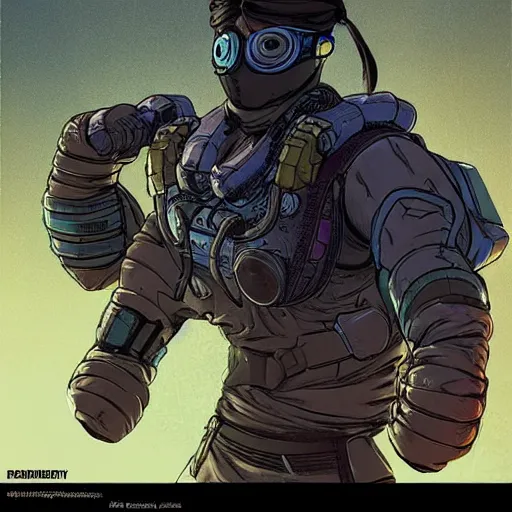 Image similar to Apex legends cyberpunk weight lifter. Concept art by James Gurney and Mœbius.