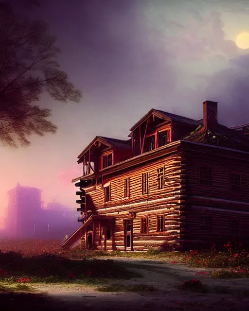 Image similar to a beautiful photorealistic illustration of city log house urbex abandoned unfinished building architecture nature building industrial architecture by ivan aivazovsky, flowers vaporwave at night at dusk fantasy, archdaily, wallpaper, highly detailed, trending on artstation.