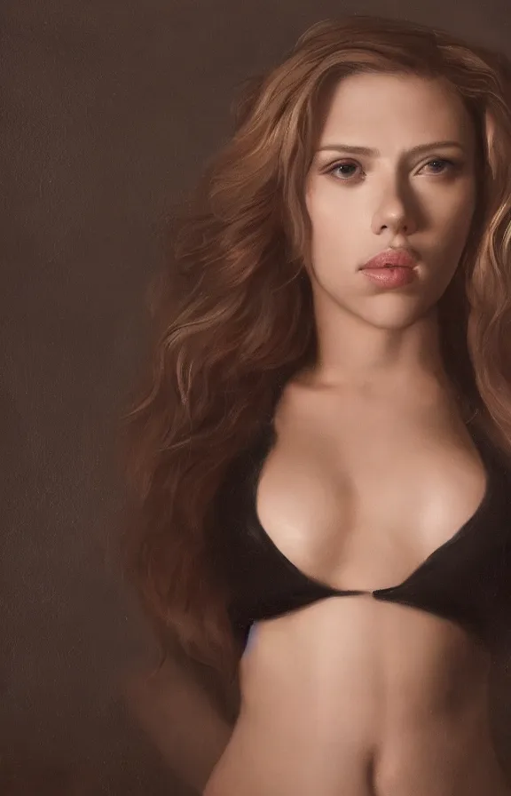 Prompt: soft lighting closeup portrait of young sexy scarlett johansson long hair wearing black latex, rembrandt lighting, rembrandt painting,