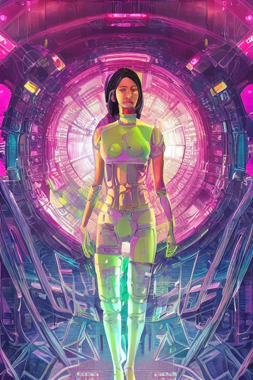 Prompt: attractive female android in feminine pose on a hyper-maximalist overdetailed retrofuturist scifi bookcover illustration from '70s. Biopunk, solarpunk style.