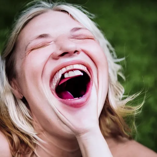 Image similar to first - person photograph of a woman laughing histerically, white space, 4 k, professional photography, extreme detail, realistic facial features, eye contact