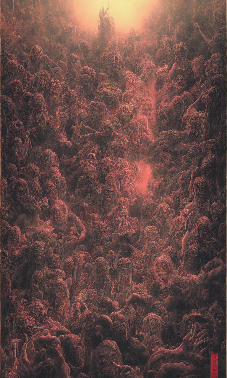 Image similar to zhongyuan festival, chinese ghost festival, king of hell, inside page of comic book, psychedelic lights and fog, in the style of zdzislaw beksinski, ayami kojima, takato yamamoto, barclay shaw, karol bak, glowing light and shadow, hyperrealist