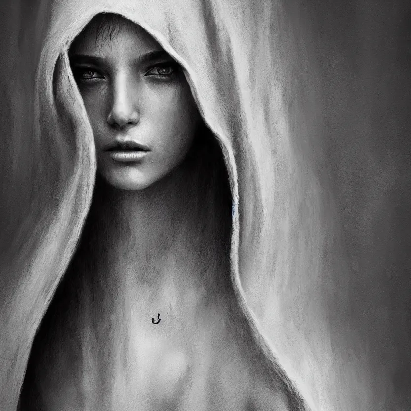 Image similar to Portrait of a young woman wearing a hooded robe, anatomically correct, perfect face, cinematic shot, unique, intricate, elegant, highly detailed digital painting, trending on Artstation, concept art, smooth, sharp focus, illustration and art by Beksinski