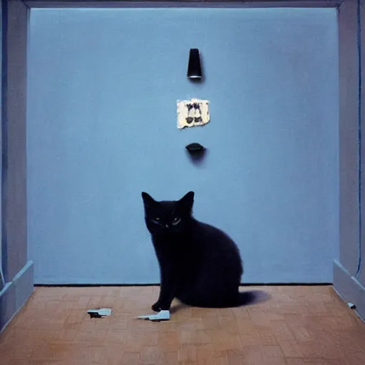 Image similar to a black cat in a blue and gold haunted liminal abandoned room, film still by gottfried helnwein, by klimt, art noveau, highly detailed, strong lights, liminal, eerie, bright pastel colors,