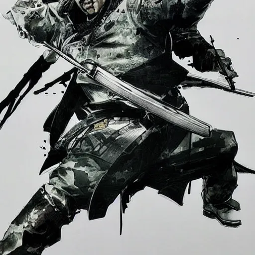 Image similar to splitting a bullet with a sword, samurai vs swat team hyperrealism yoji shinkawa