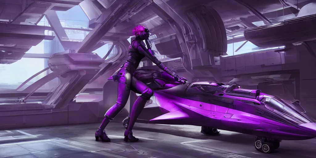 Image similar to cyberpunk concept inspired jet, futuristic look, highly detailed body, aerodynamic body, photorealistic camera shot, bright studio setting, studio lighting, crisp quality and light reflections, unreal engine 5 quality render, purple and dark tones