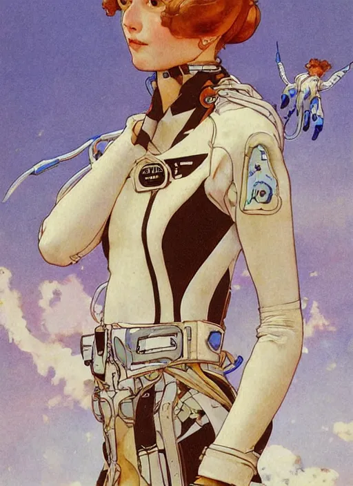 Image similar to a copic maker art nouveau portrait of a russian girl finely detailed features wearing an evangelion pilot suit designed by balenciaga by john berkey, norman rockwell akihiko yoshida