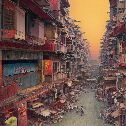 Image similar to Hopper and Moebius painting of Kowloon Walled City at dusk, looking down canyon-like alley with 5 floors of ramshackle apartments and business on all sides, to the bottom right some light is coming from a ground-floor cafe, where people are drinking tea and talking