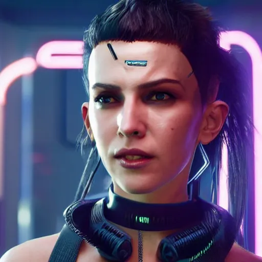 Prompt: female V from Cyberpunk 2077 wearing spiked choker, collar, choker, punk, collar, 4K