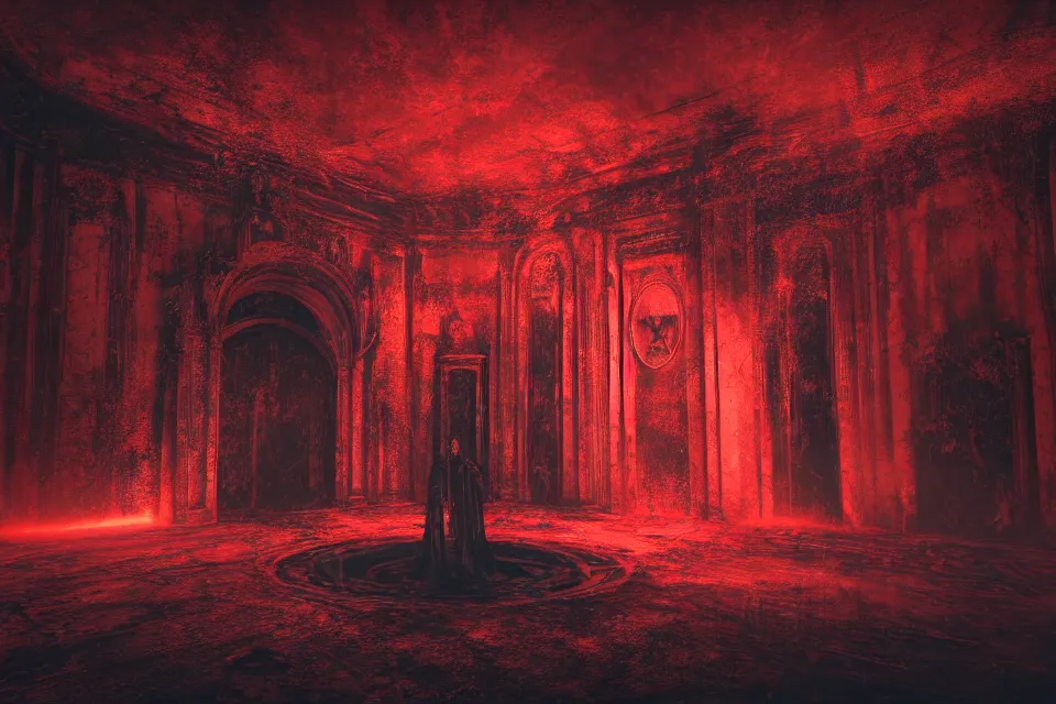 Image similar to Paranormal Activity In A Futuristic Satanic Chamber In An Abandoned Church In Rome With Black Hooded Characters Around A Dark Pagan Symbol Made of Red Fluid, photorealistic, volumetric lighting, hyperrealistic, octane render, HDR, photorealistic, bokeh