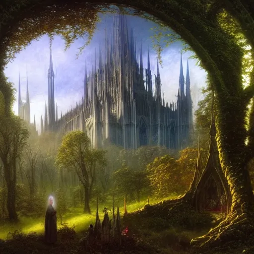 Image similar to a beautiful and highly detailed matte painting of an elven cathedral in a magical celtic forest, otherworldly trees and plants and flowers, detailed spires, wide angle, by caspar friedrich, albert bierstadt, james gurney, brian froud,