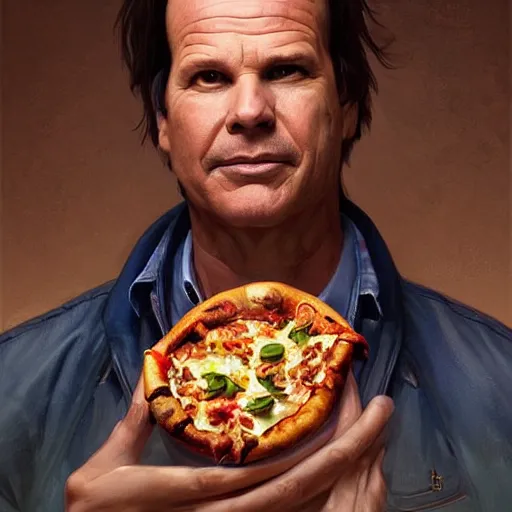 Prompt: portrait of Bill Paxton opening his mouth to eat pizza, highly detailed, digital painting, artstation, concept art, sharp focus, illustration, art by artgerm and greg rutkowski and alphonse mucha