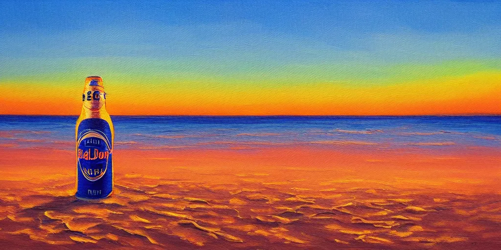 Image similar to can of bud light in the sand on the beach, sunset, landscape, high quality, radiant light, painting, in the style of Bob Ross