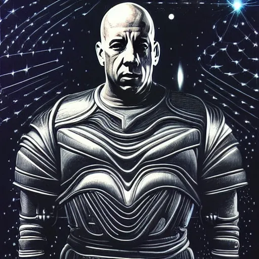 Prompt: a detailed extraterrestrial vin diesel wearing futuristic armor there are pyramids and galaxies in the background by ken sugimori, escher, stephen gammell in the style of dark fantasy, fantasy, magic realism, award - winning art, artstationhd