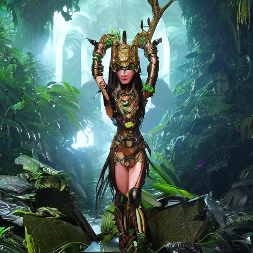 Image similar to mystical evil android queen with obsidian eyes, wearing an elaborate helmet, in a jungle, octane render, 8 k, unreal engine, by todd mcfarlane and artgerm and greg rutkowski and alphonse mucha