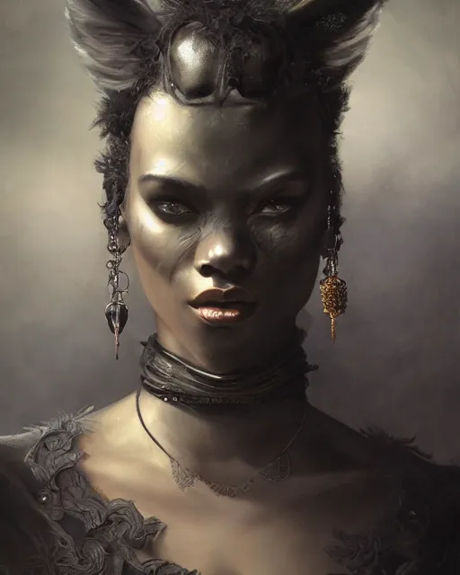 Image similar to a portrait of black furry shadow nightmare monster hybrid human in a background of deep shadows, illustration, dramatic lighting, soft details, painting oil on canvas, art nouveau, octane render, HDR, 4k, 8k, HD, by Edmund Blair Leighton, Brom, Charlie Bowater, trending on artstation, Tom Bagshaw, faces by otto Schmidt