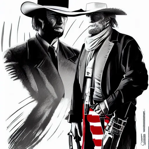 Image similar to donald trump as clint eastwood squinting at high noon in the style of a clint eastwood movie, the good, the bad and the ugly, clint eastwood, steven seagal, bud spencer, donald trump, glory days, american flag, patriotism, apple pie, black and white, artgerm, trending on artstation