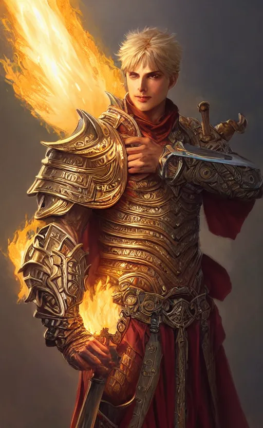 Prompt: male paladin of glory holding flaming sword, d & d, fantasy, intricate and very beautiful and highly detailed, elegant, digital painting, artstation, concept art, matte, smooth and sharp focus, illustration, art by tian zi and wlop and alsphonse mucha and artgerm and greg rutkowski