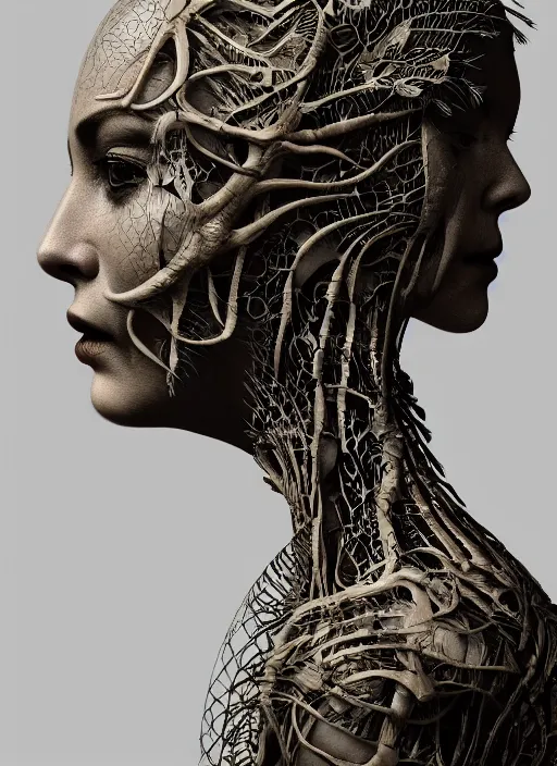 Image similar to a woman's face in profile, made of leaf skeletons, in the style of the Dutch masters and Gregory Crewdson, dark and moody intricate traditional Chinese textures, rococo decorations, hyper detail, Unreal engine,Octane render, by Karol Bak