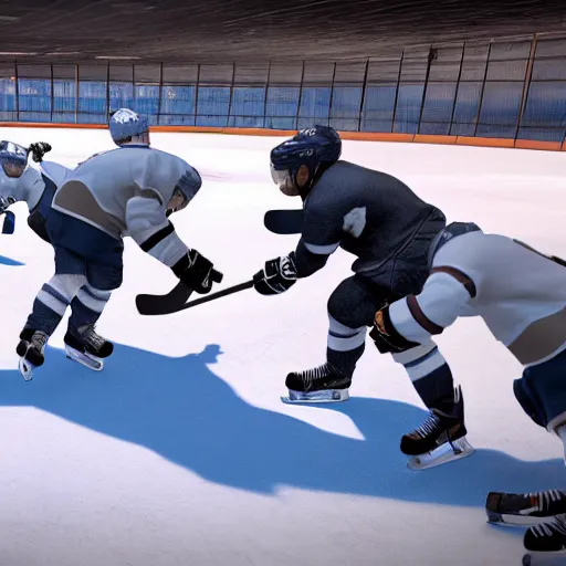 Prompt: cats playing ice hockey, unreal engine 5 4 k, hyperdetailed photorealism, extremely high quality