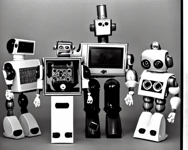 Image similar to middle shot, robots are in love with each other pose for a photo, circa 1 9 8 4