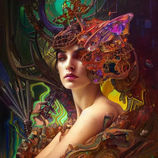 Image similar to extremely psychedelic beautiful cyborg queen of lsd. intricate, elegant, highly detailed, extremely lifelike photorealistic digital painting, artstation. steichen, gaston bussiere, tom bagshaw, cyberpunk alphonse mucha. dark pallet, melancholy. anatomically correct in every way. sultry. sharp focus. soft light.