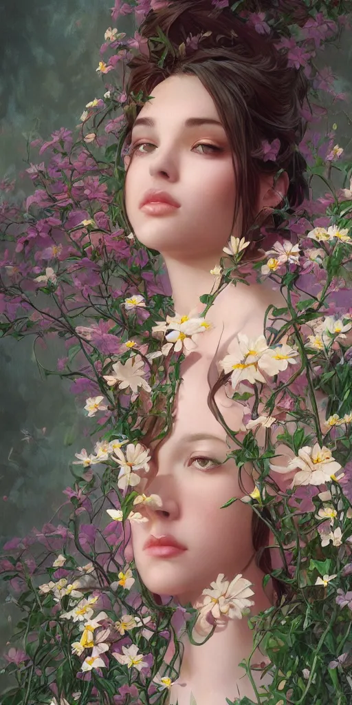 Image similar to surreal beautiful young woman, sitting with flowers, detailed gorgeous face turning into a tree, leaves, dark, ominous, sad eyes, vaporwave aesthetic, synthwave , digital painting, artstation, concept art, smooth, sharp focus, illustration, art by artgerm and greg rutkowski and alphonse mucha