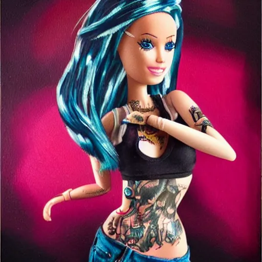 Image similar to barbie with tattoos and torn clothes. painting by stanley lau dramatic lighting