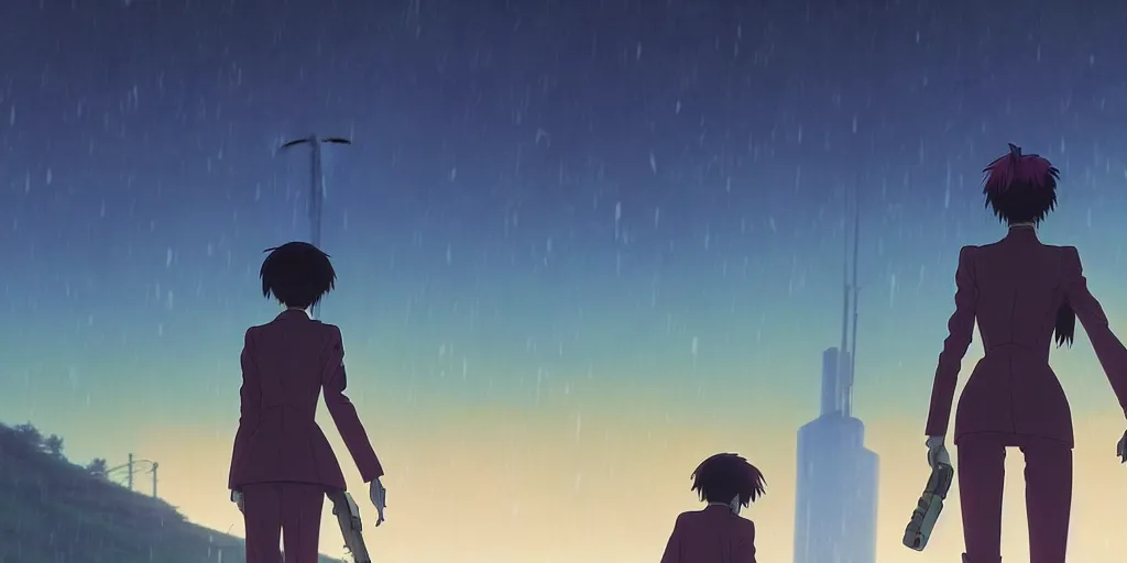 Prompt: twilight lighting, moody, atmospheric, solarpunk, eva - 0 1 from evangelion on a hill, rainy by ghibli studio and victor ngai, ghost in the shell, akira, pixar highly detailed, 8 k h 5 7 6