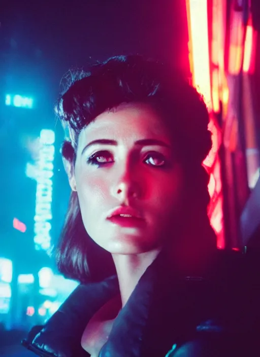 Image similar to A hyper realistic and detailed head portrait photography of a Rachael of Blade Runner on a futuristic street. by Cameron Hammond. Neo noir style. Cinematic. neon lights glow in the background. Cinestill 800T film. Lens flare. Helios 44m