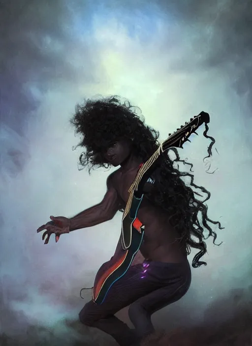 Image similar to fantasy changeling black kid with long curly hair playing electric guitar, half half, dim light, front game card, marvel comics, dark, intricate, highly detailed, smooth, artstation, digital illustration by ruan jia and mandy jurgens and artgerm and wayne barlowe and greg rutkowski and zdislav beksinski