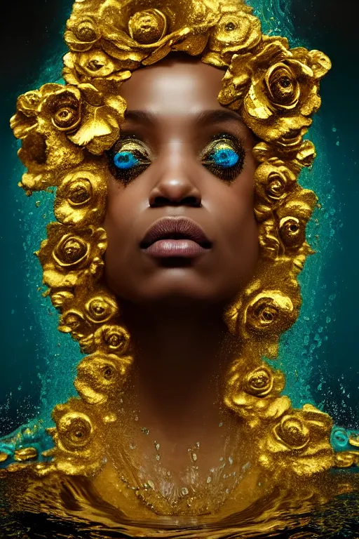 Prompt: hyperrealistic neo - rococo cinematic very expressive! black oshun goddess, open eyes, body in water, mirror dripping droplet!, gold flowers, highly detailed face, digital art masterpiece, smooth eric zener cam de leon dramatic pearlescent teal light, ground angle uhd 8 k, sharp focus